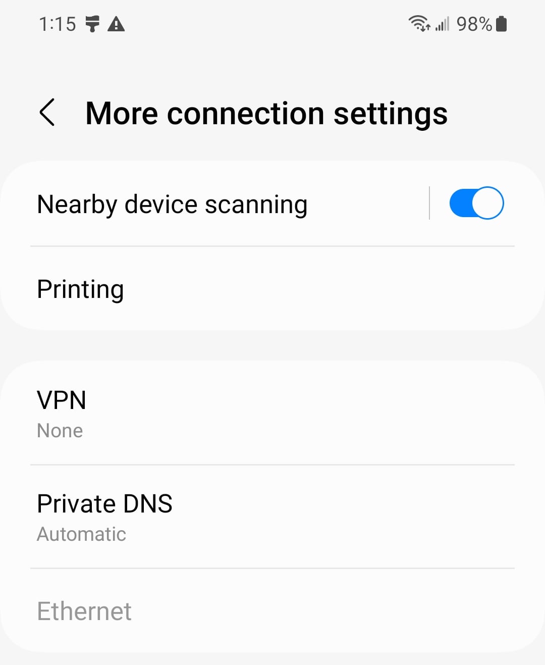 Android connection settings, with 'Ethernet' greyed out