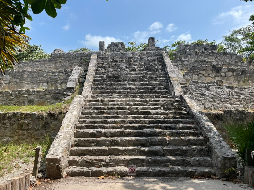 A crumbling Mayan pyramid, surrounded by vegetation